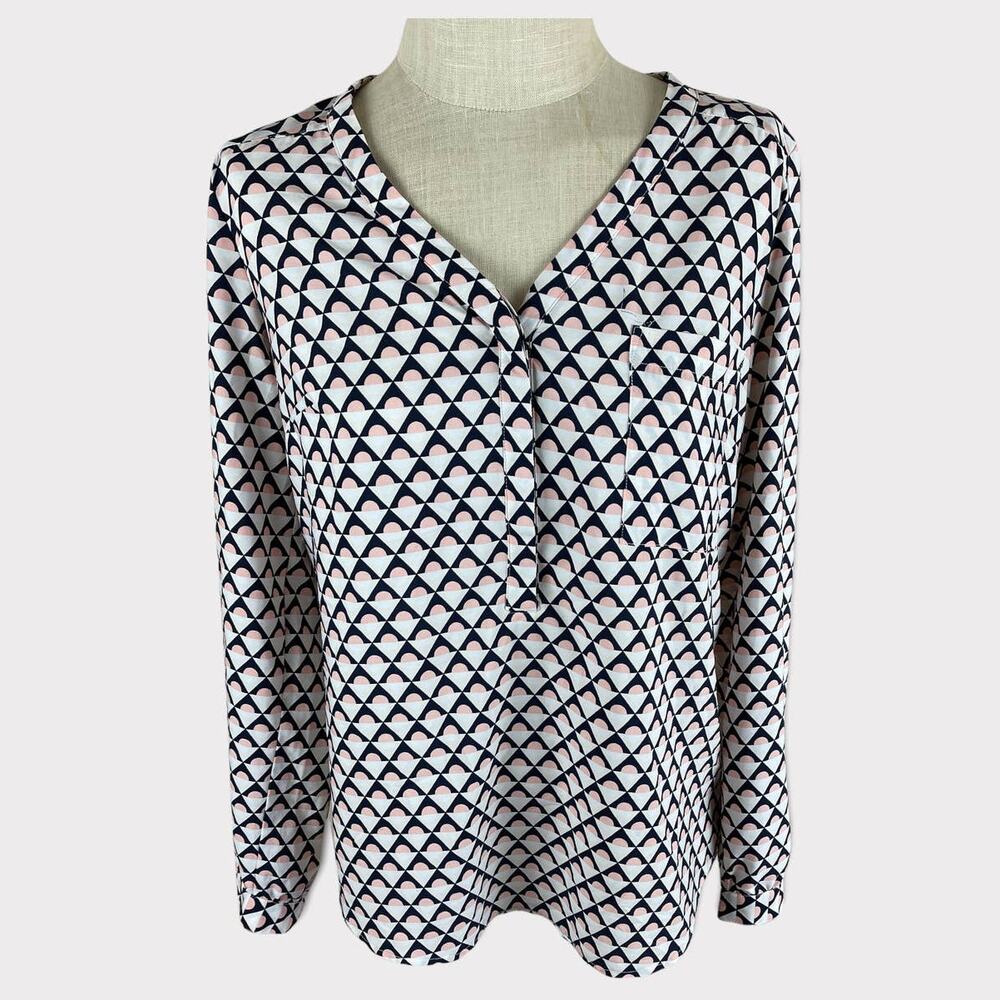 Merona Womens Medium Blouse Black White Tan Print V Neck Buttons